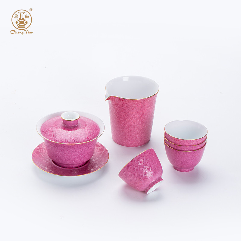 粉彩扒花格?；ㄏ盗须僦t8頭蓋碗套裝