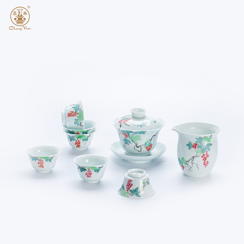 玉瓷手繪“吉運(yùn)添?！?頭蓋碗茶具套裝
